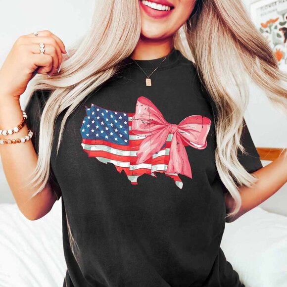 Coquette American Flag T-Shirt, Coquette Bow Shirt, 4th of July Shirt - Picture 1 of 5